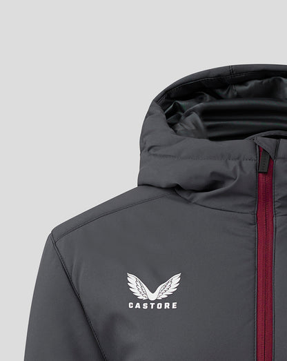 Close up of Ebony Rhododendron Womens Aston Villa Coaches Bench Jacket showing hood and burgundy zipper with Castore logo on chest.