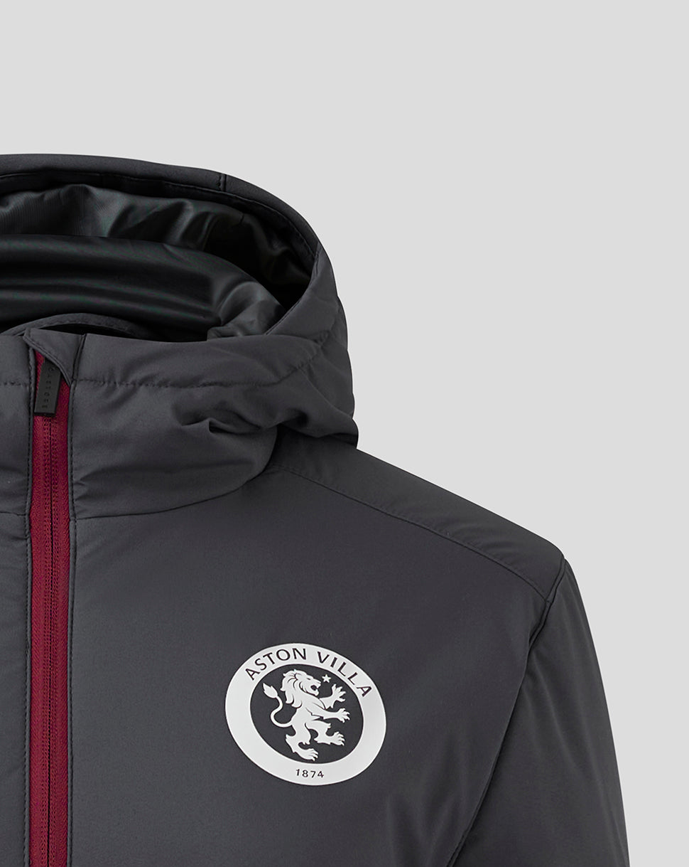 Dark grey Aston Villa Coaches Bench Jacket with hood and burgundy zip, featuring the club crest on the left chest.