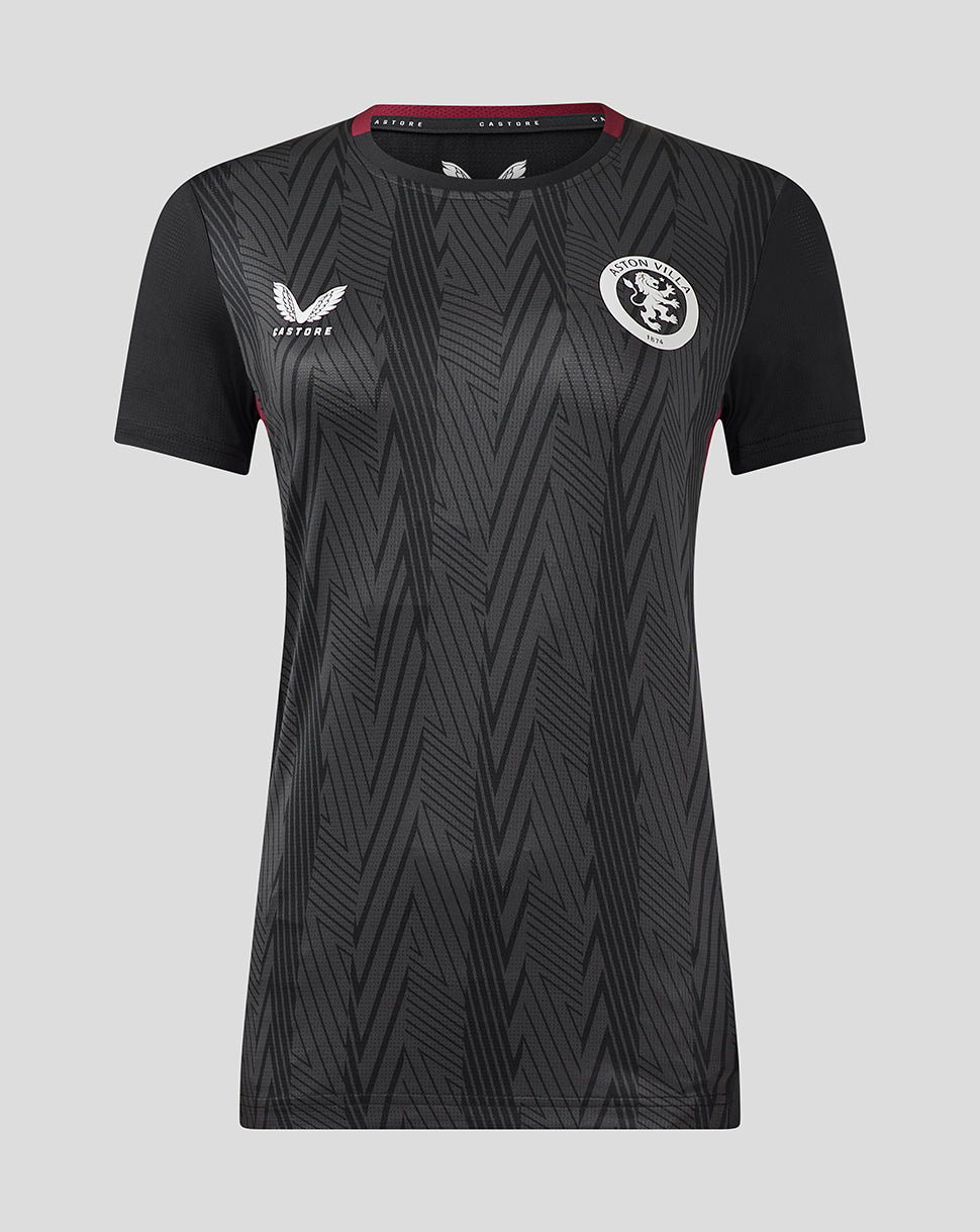 Front view of black Aston Villa training shirt with geometric pattern and club crest on the chest