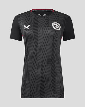 Front view of black Aston Villa training shirt with geometric pattern and club crest on the chest