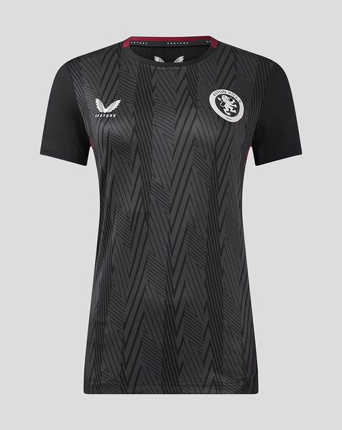Front view of black Aston Villa training shirt with geometric pattern and club crest on the chest