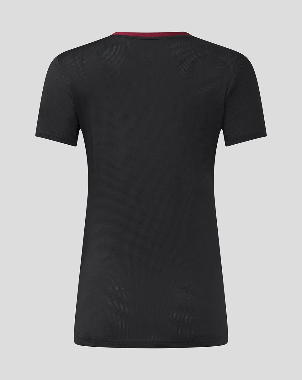Back view of black Aston Villa training shirt with subtle texture and a red collar trim