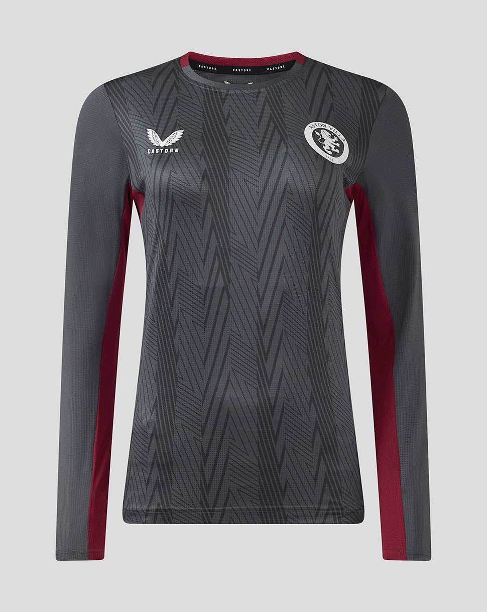 Front view of a long sleeve ebony training shirt with maroon side panels and the circular Aston Villa crest on the chest.