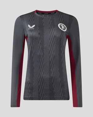 Front view of a long sleeve ebony training shirt with maroon side panels and the circular Aston Villa crest on the chest.