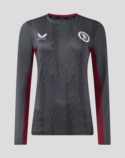 Front view of a long sleeve ebony training shirt with maroon side panels and the circular Aston Villa crest on the chest.
