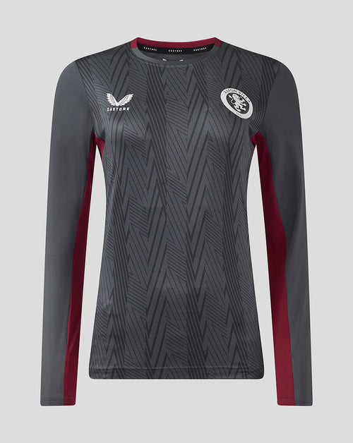 Front view of a long sleeve ebony training shirt with maroon side panels and the circular Aston Villa crest on the chest.