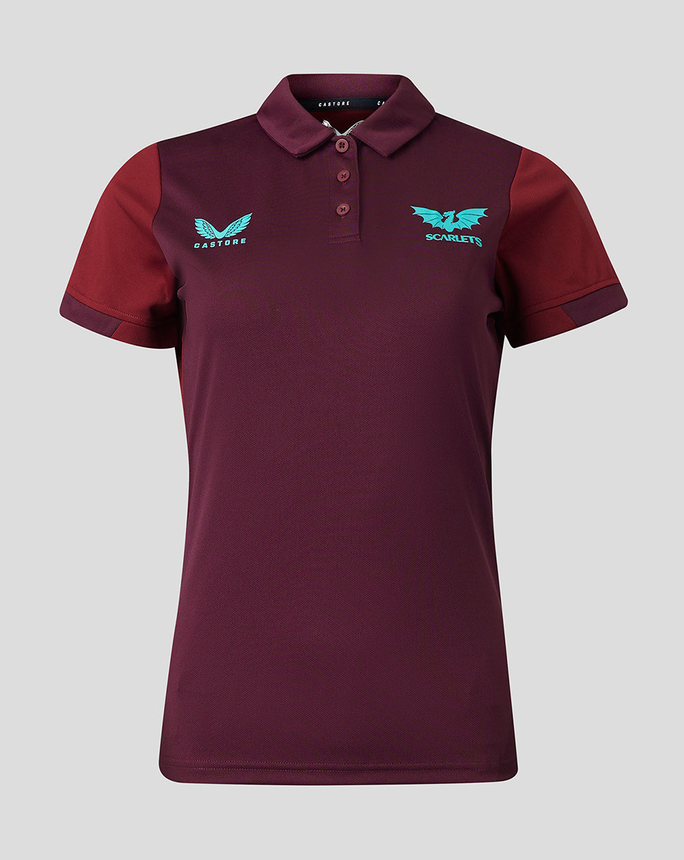 Front view of burgundy Scarlets travel polo with turquoise crest on left chest and Castore logo on right chest.
