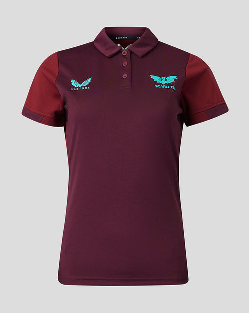 Front view of burgundy Scarlets travel polo with turquoise crest on left chest and Castore logo on right chest.