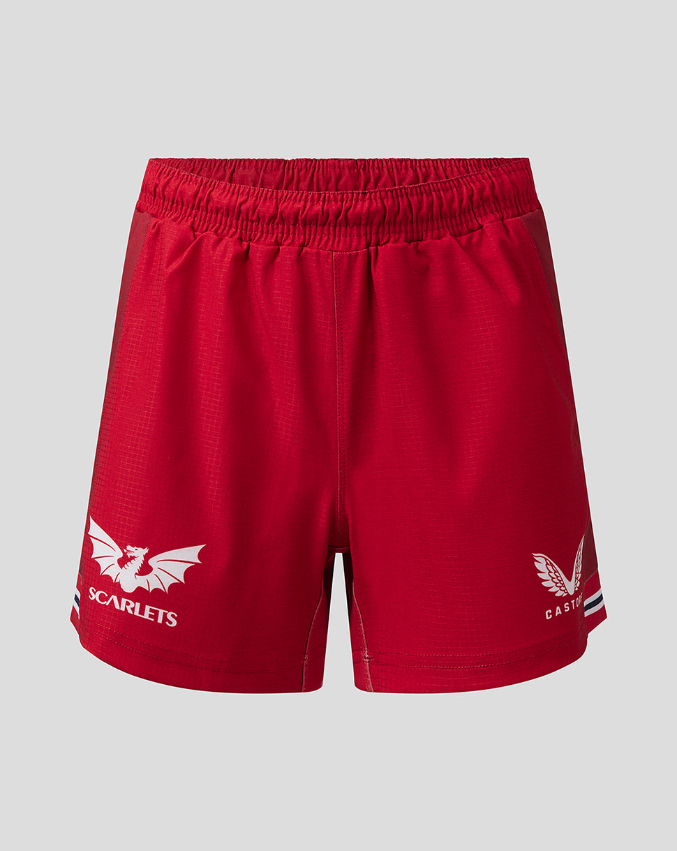Scarlets Womens 23/24 Home Pro Shorts red shorts with left leg crest and back Castore branding and two tone side stripe