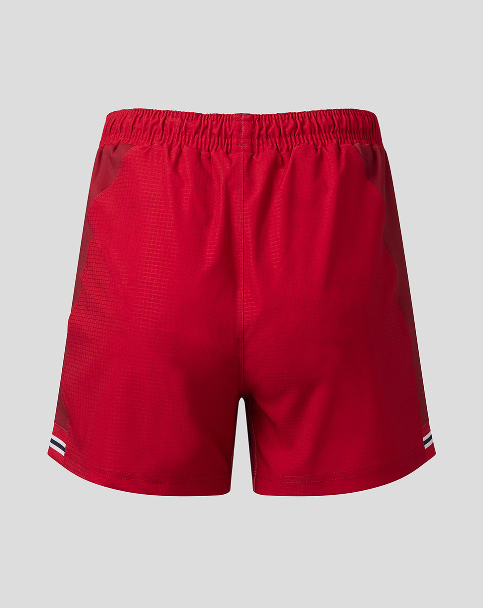 Back view of Scarlets women's red home pro shorts with striped hem