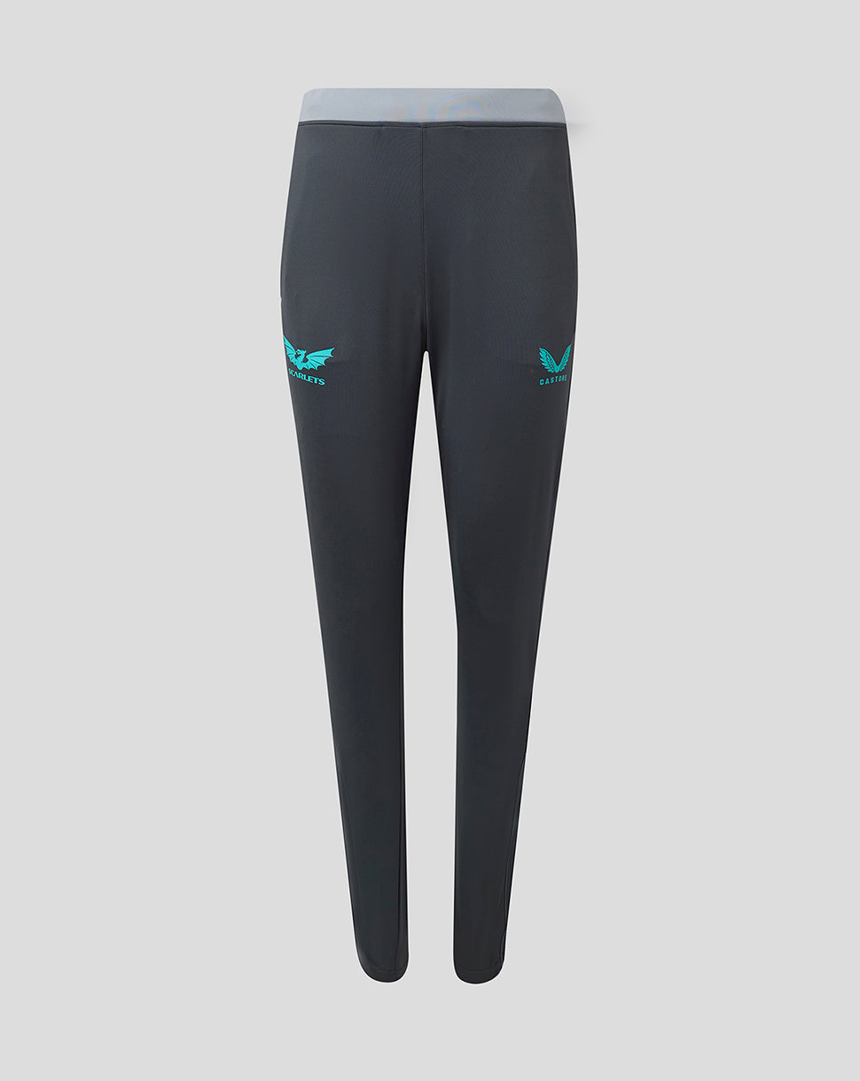 Front view of Scarlets Slim Fit Training Pants in dark grey with light blue waistband and turquoise branding on thighs