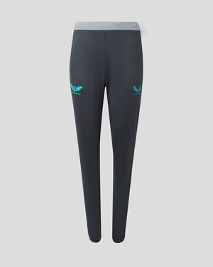 Front view of Scarlets Slim Fit Training Pants in dark grey with light blue waistband and turquoise branding on thighs