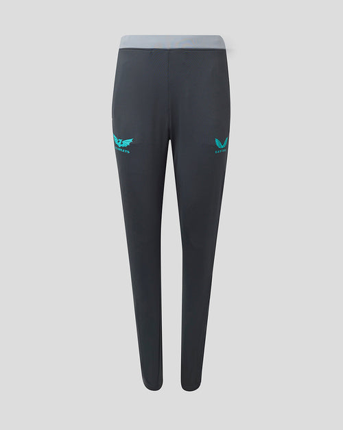 Front view of Scarlets Slim Fit Training Pants in dark grey with light blue waistband and turquoise branding on thighs