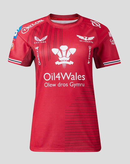 Scarlets women's 23/24 home shirt front view in red with vertical stripe design, Oil4Wales sponsor across chest and club crest on chest.