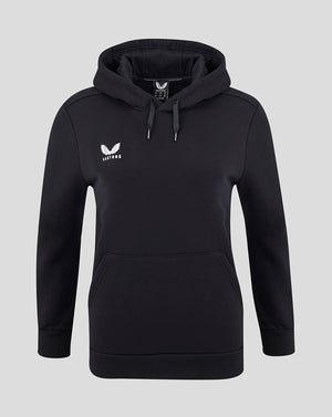Women's cotton leisure hoodie in Caviar black with Castore logo on the chest and a drawstring hood with kangaroo pocket
