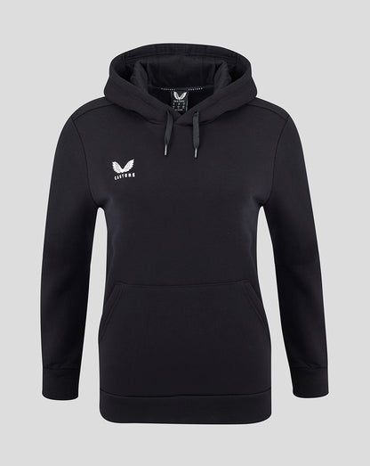 Women's cotton leisure hoodie in Caviar black with Castore logo on the chest and a drawstring hood with kangaroo pocket