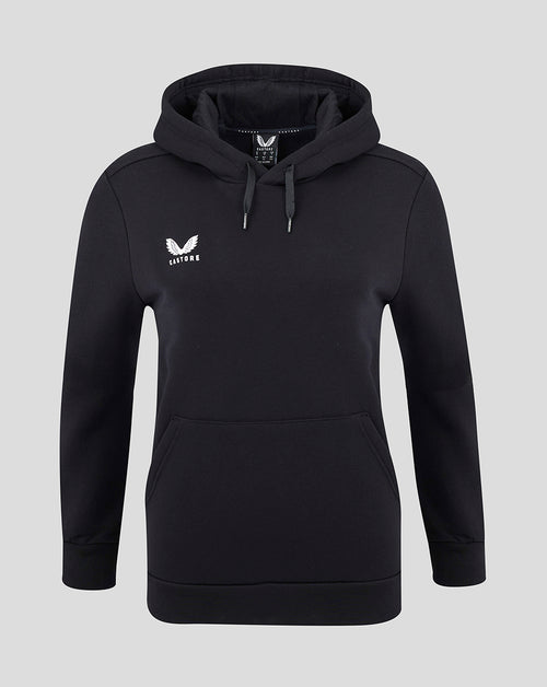 Women's cotton leisure hoodie in Caviar black with Castore logo on the chest and a drawstring hood with kangaroo pocket