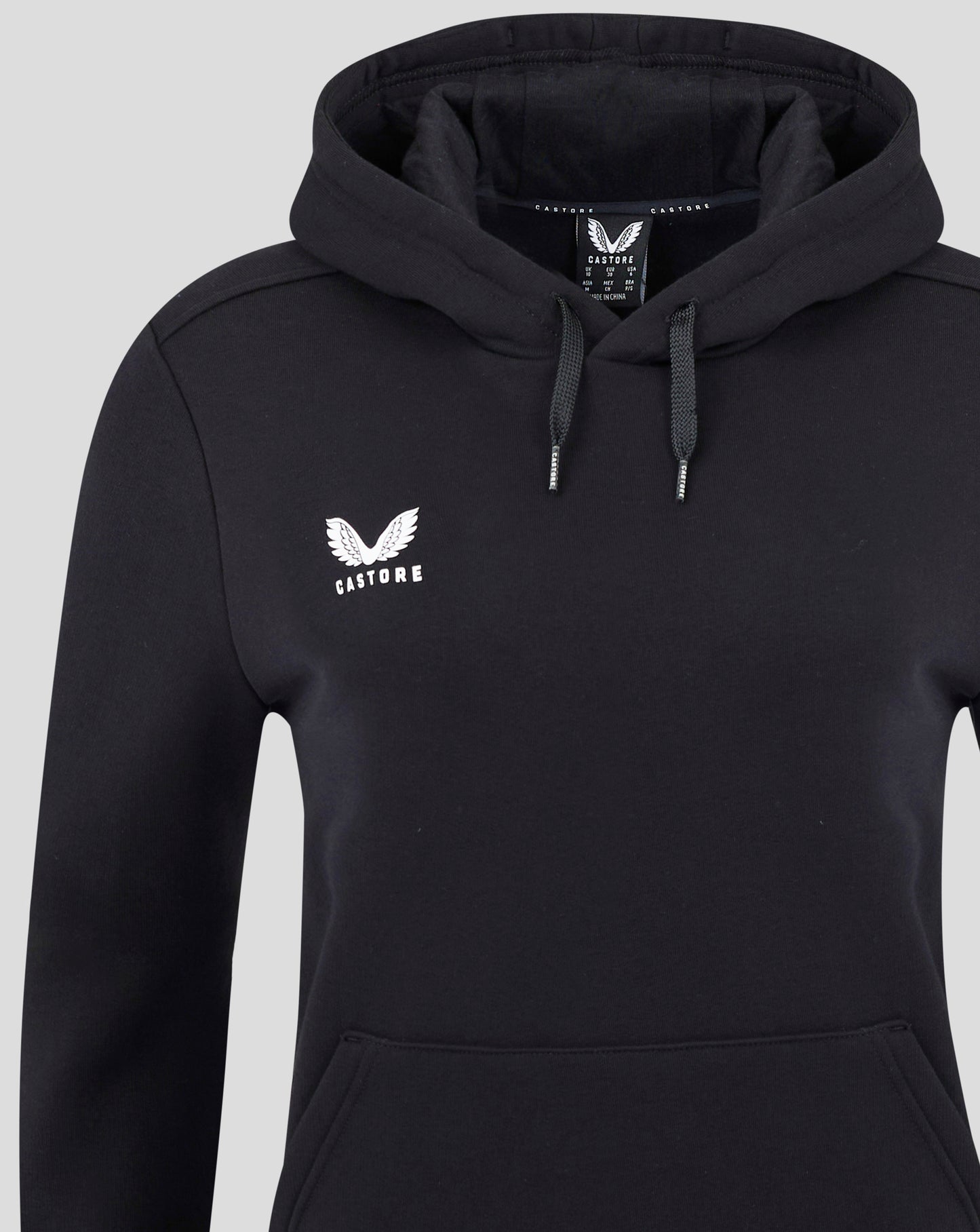 Close up of black Castore hoodie showing hood with drawstrings and white Castore logo on chest