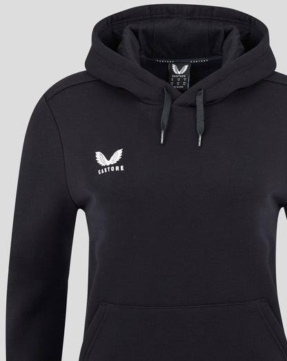 Close up of black Castore hoodie showing hood with drawstrings and white Castore logo on chest