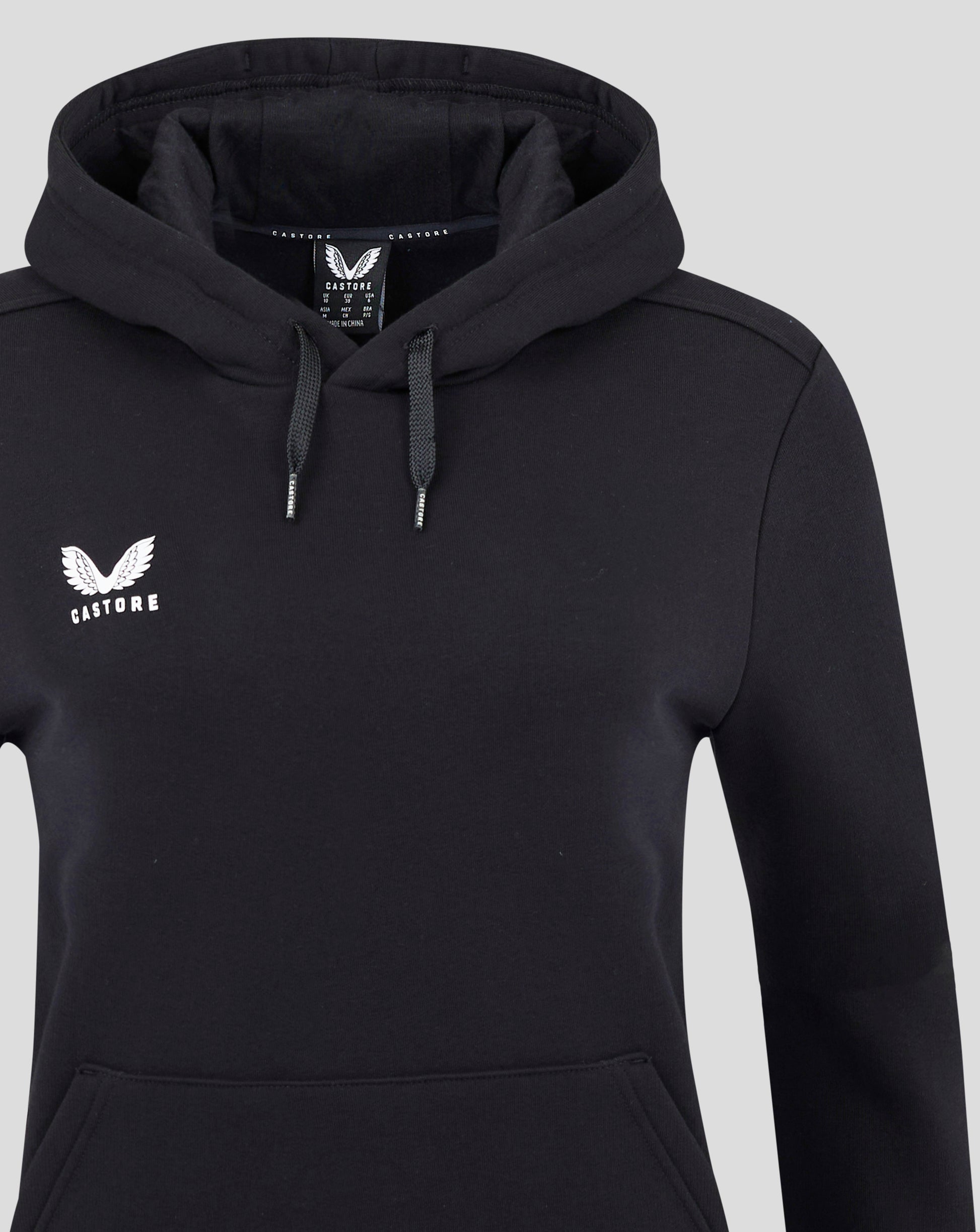 Front view of black Castore hoodie with white logo on chest and kangaroo pocket