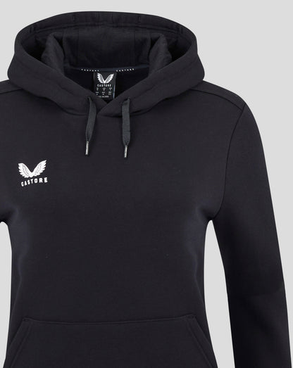 Front view of black Castore hoodie with white logo on chest and kangaroo pocket