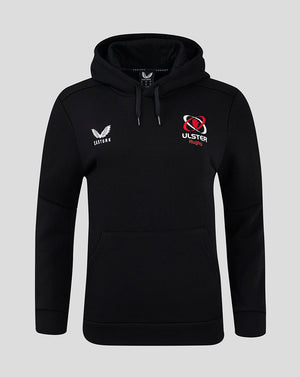 Black Ulster Rugby women's hoodie with Castore logo and Ulster crest on the chest