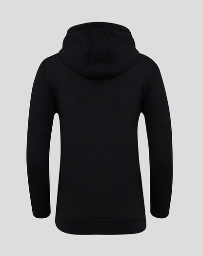 Back view of black brushed back hoodie with hood up and clean silhouette