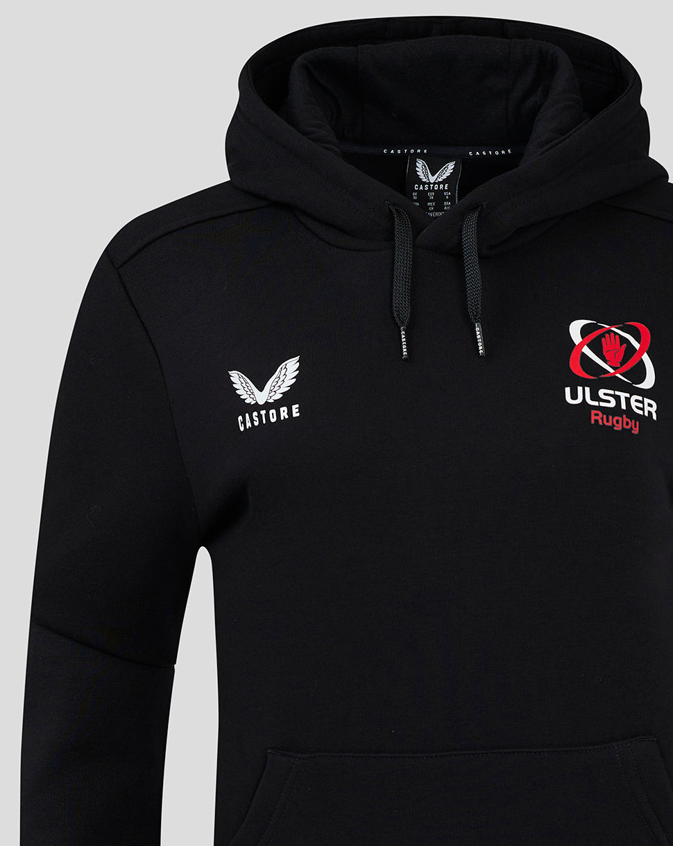 Close-up of chest area on black Ulster Rugby hoodie showing Castore logo and Ulster Rugby crest