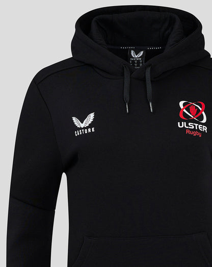 Close-up of chest area on black Ulster Rugby hoodie showing Castore logo and Ulster Rugby crest