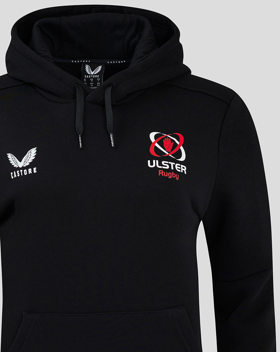 Front view of black Ulster Rugby hoodie with Castore logo on left chest and Ulster Rugby crest on right chest