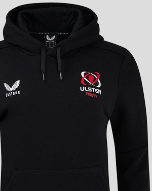 Front view of black Ulster Rugby hoodie with Castore logo on left chest and Ulster Rugby crest on right chest