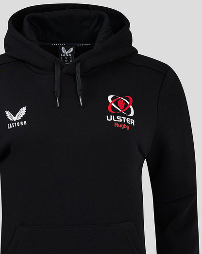 Front view of black Ulster Rugby hoodie with Castore logo on left chest and Ulster Rugby crest on right chest