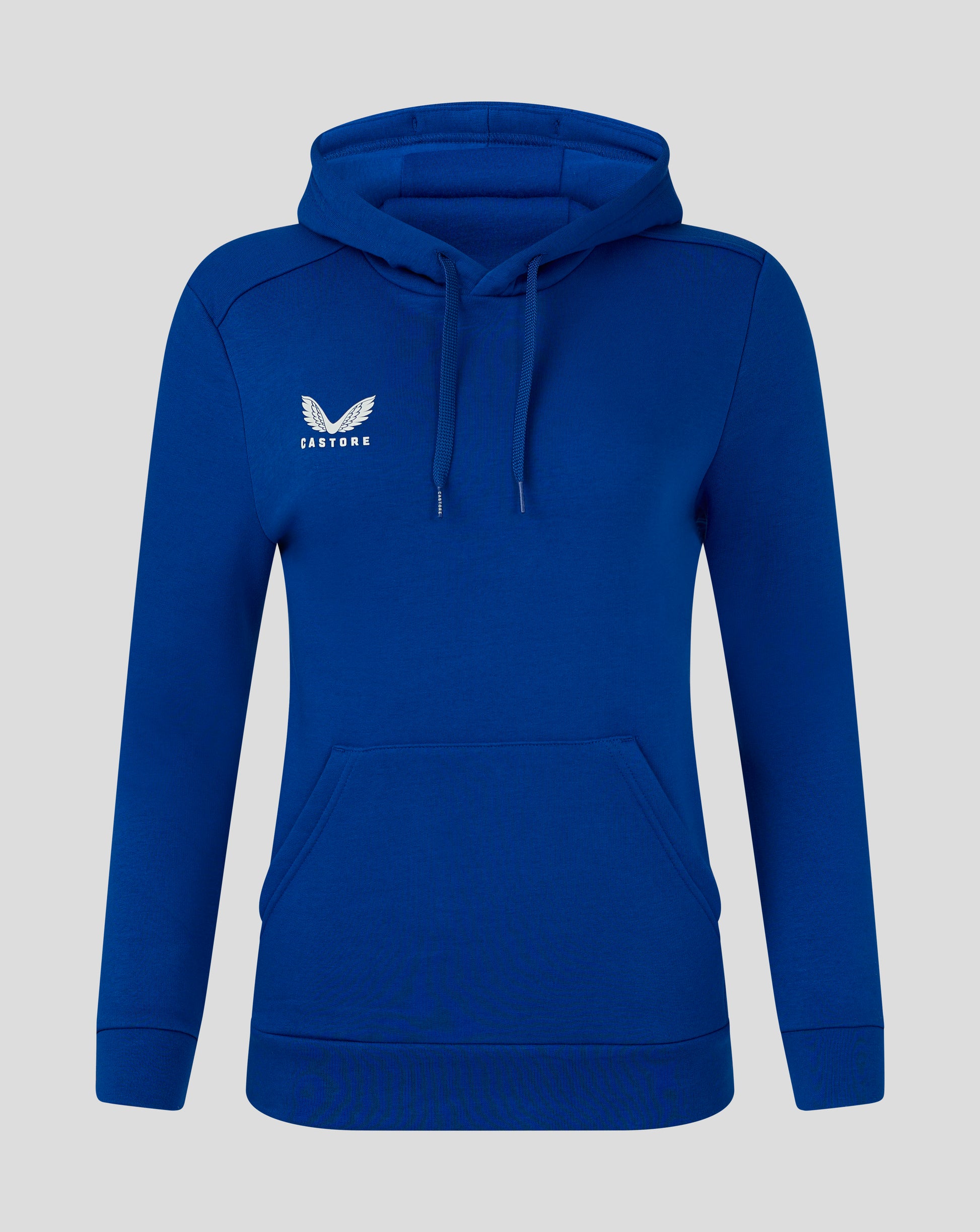 Blue women's cotton leisure hoodie with hood and kangaroo pocket and white Castore logo on chest