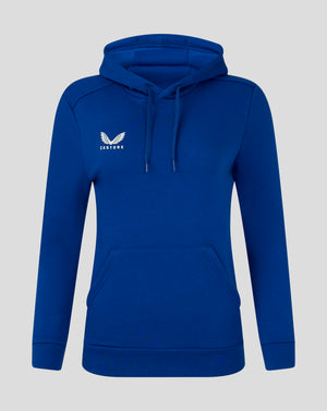Blue women's cotton leisure hoodie with hood and kangaroo pocket and white Castore logo on chest