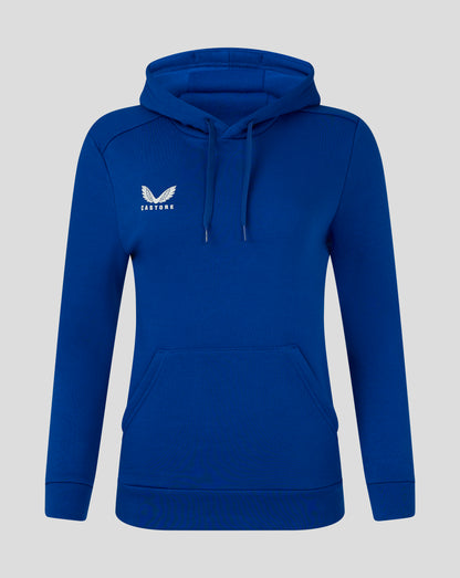 Blue women's cotton leisure hoodie with hood and kangaroo pocket and white Castore logo on chest
