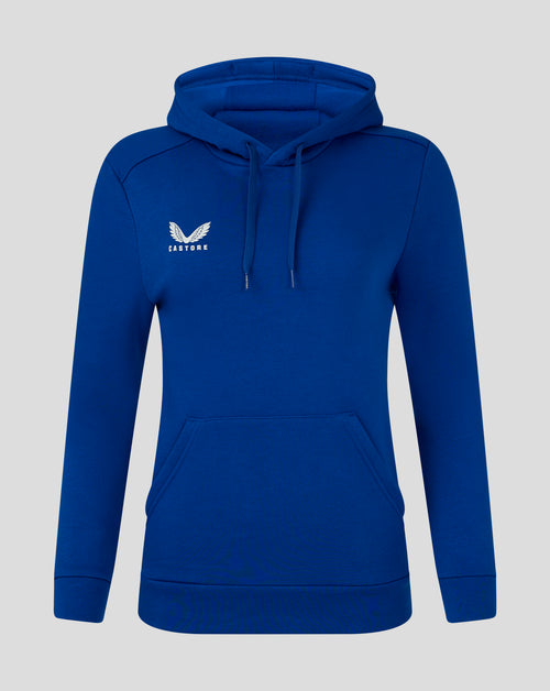 Blue women's cotton leisure hoodie with hood and kangaroo pocket and white Castore logo on chest