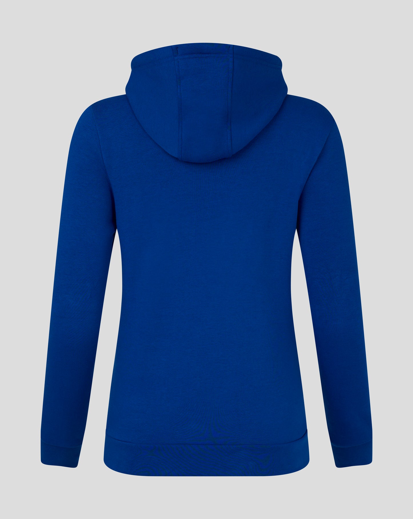 Back view of royal blue womens cotton leisure hoodie with hood and seam details.