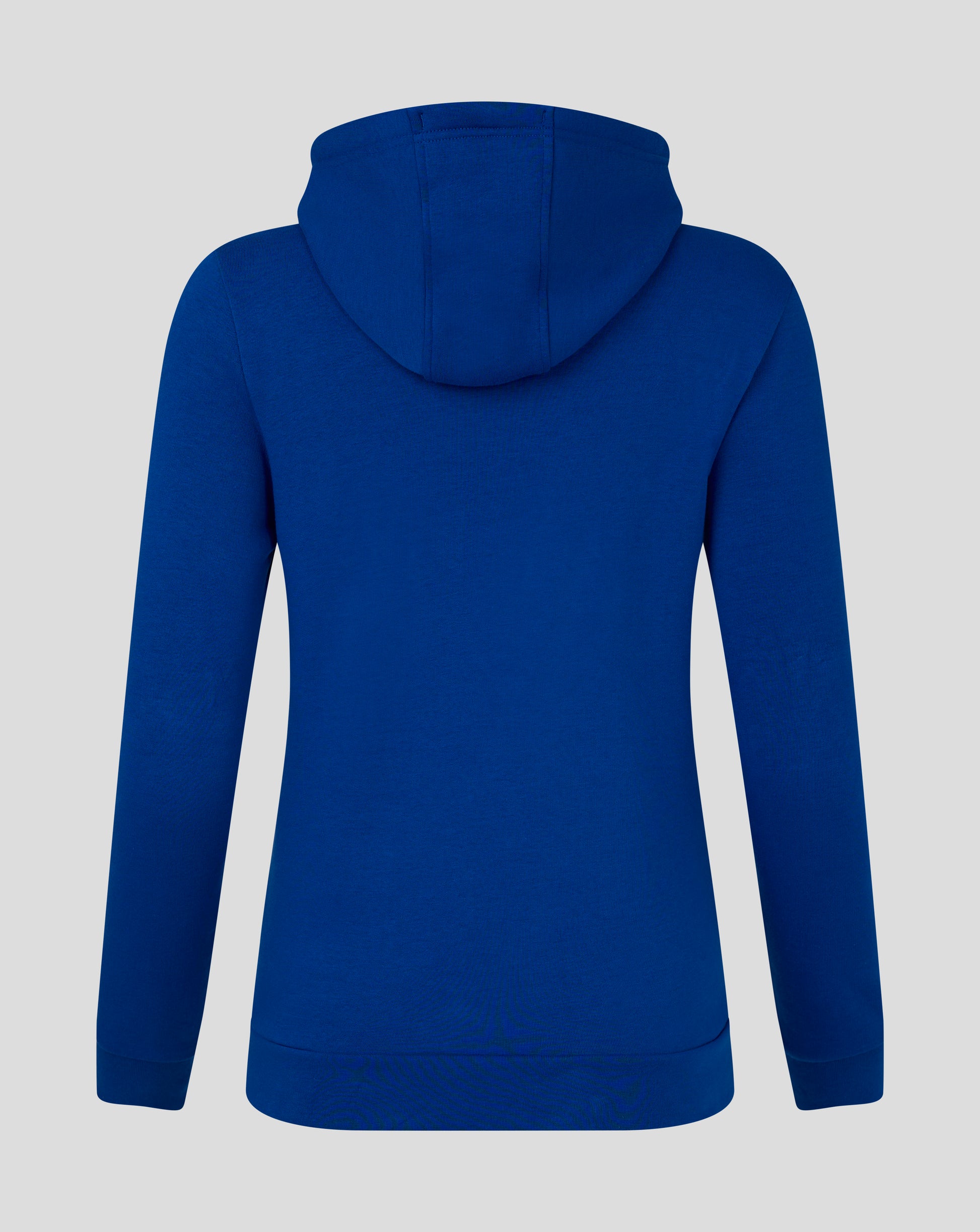 Back view of royal blue womens cotton leisure hoodie with hood and seam details.