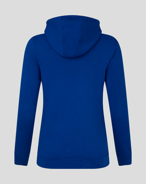 Back view of royal blue womens cotton leisure hoodie with hood and seam details.