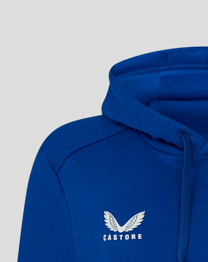 Close up of blue hoodie hood showing top seam and fabric texture.
