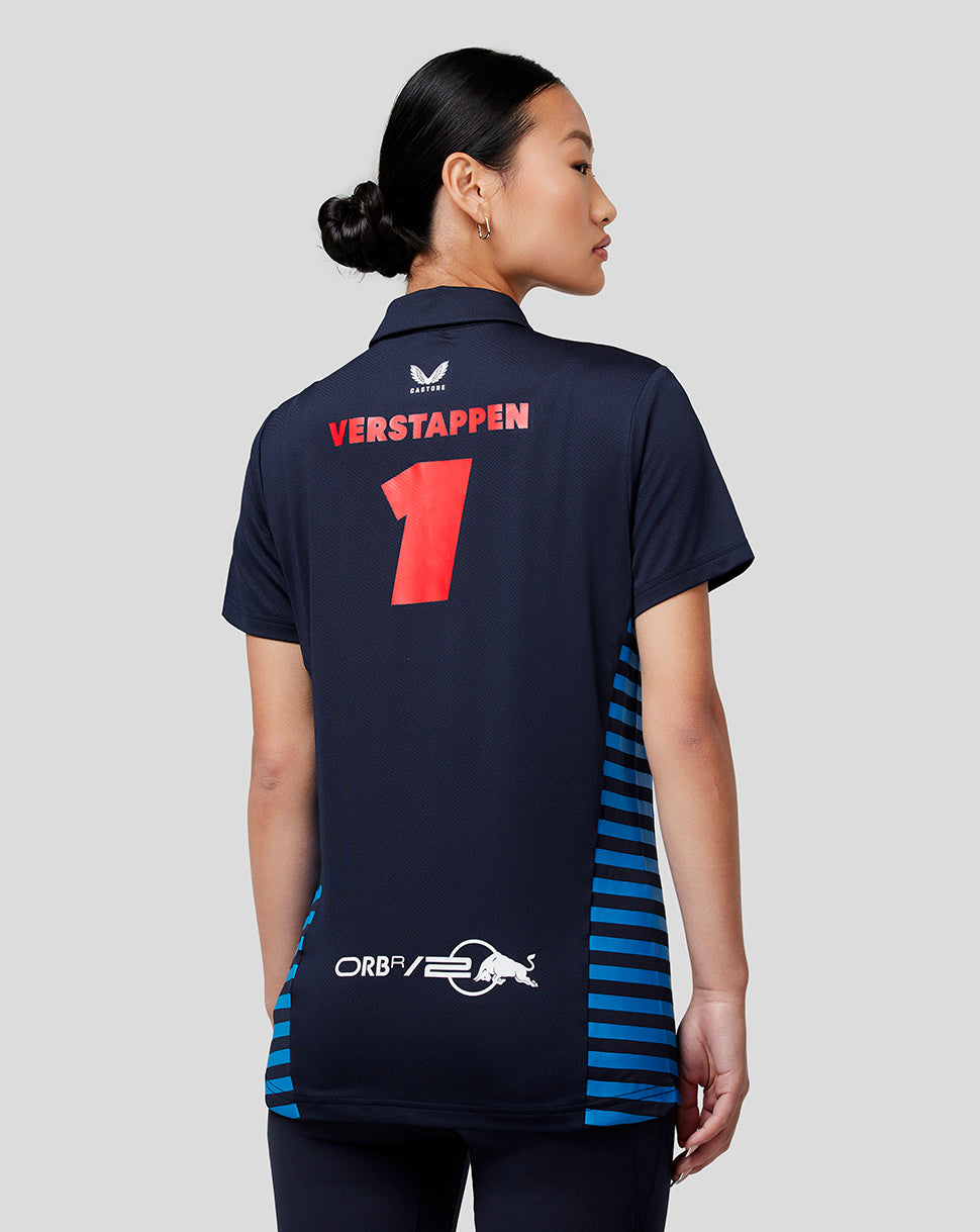 Rear view of a navy Oracle Red Bull Racing Women Teamline polo with large red Verstappen number 1 and blue side stripes