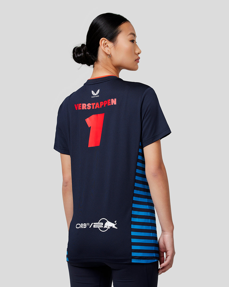 Rear view of a woman wearing a night sky navy Oracle Red Bull Racing Teamline T shirt with Verstappen number 1 on the back and mesh side panels