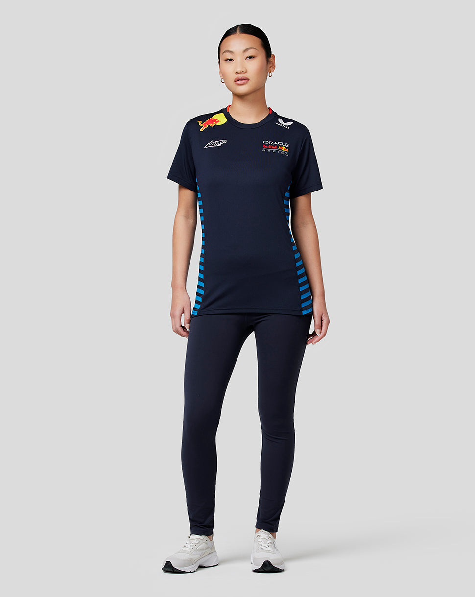 Front view of a woman in a night sky navy Oracle Red Bull Racing Teamline T shirt with chest logos and blue side panels