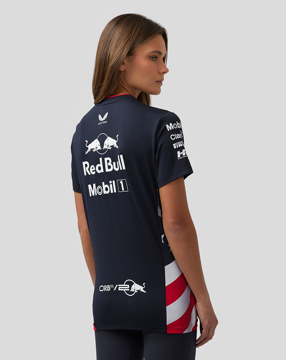 Back view of navy Night Sky America Race Team T Shirt with large white Red Bull Mobil 1 logos