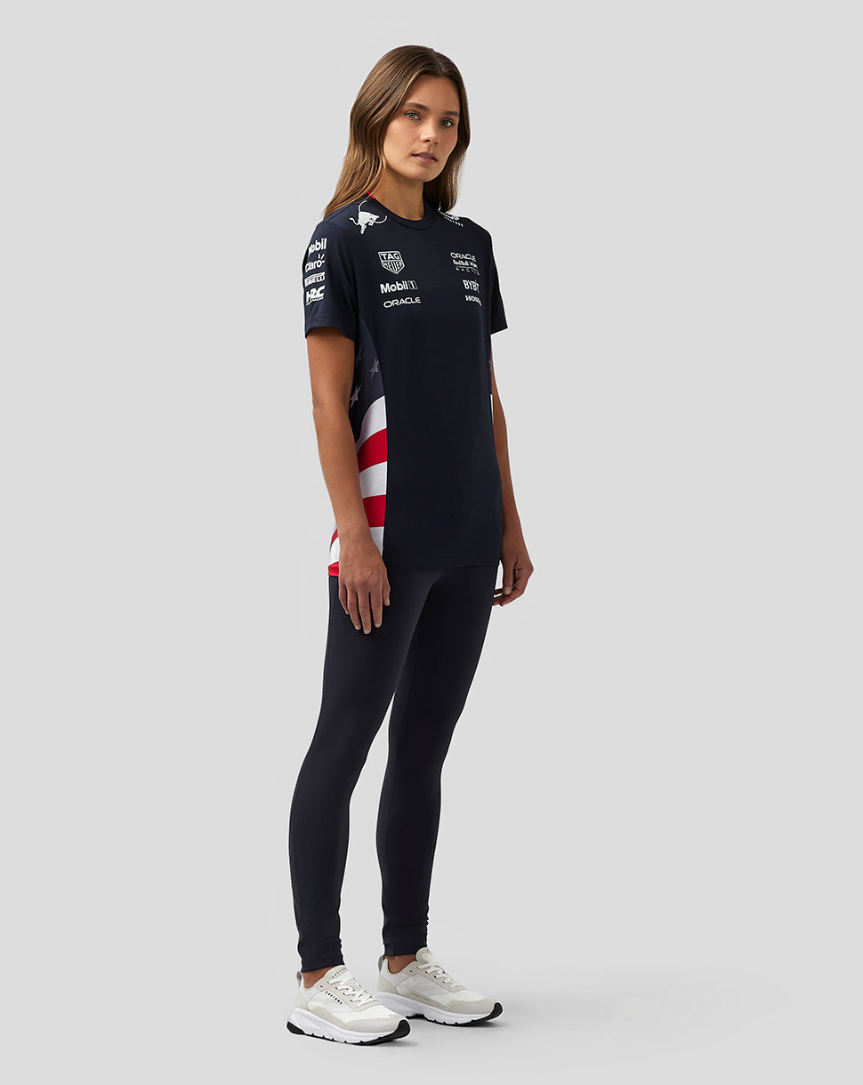 Model wearing navy Night Sky Oracle Red Bull Racing America Race Team T Shirt displaying side mesh panels and logo placement