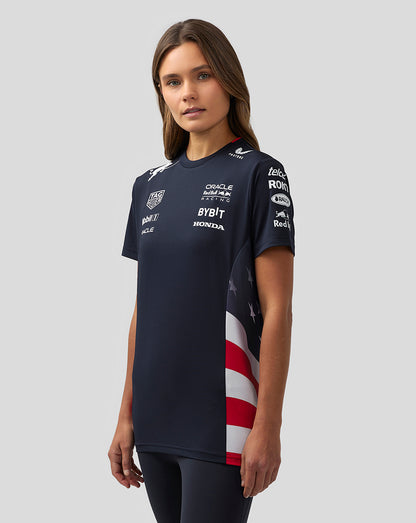 Front view of navy Night Sky America Race Team T Shirt with sponsor logos on chest