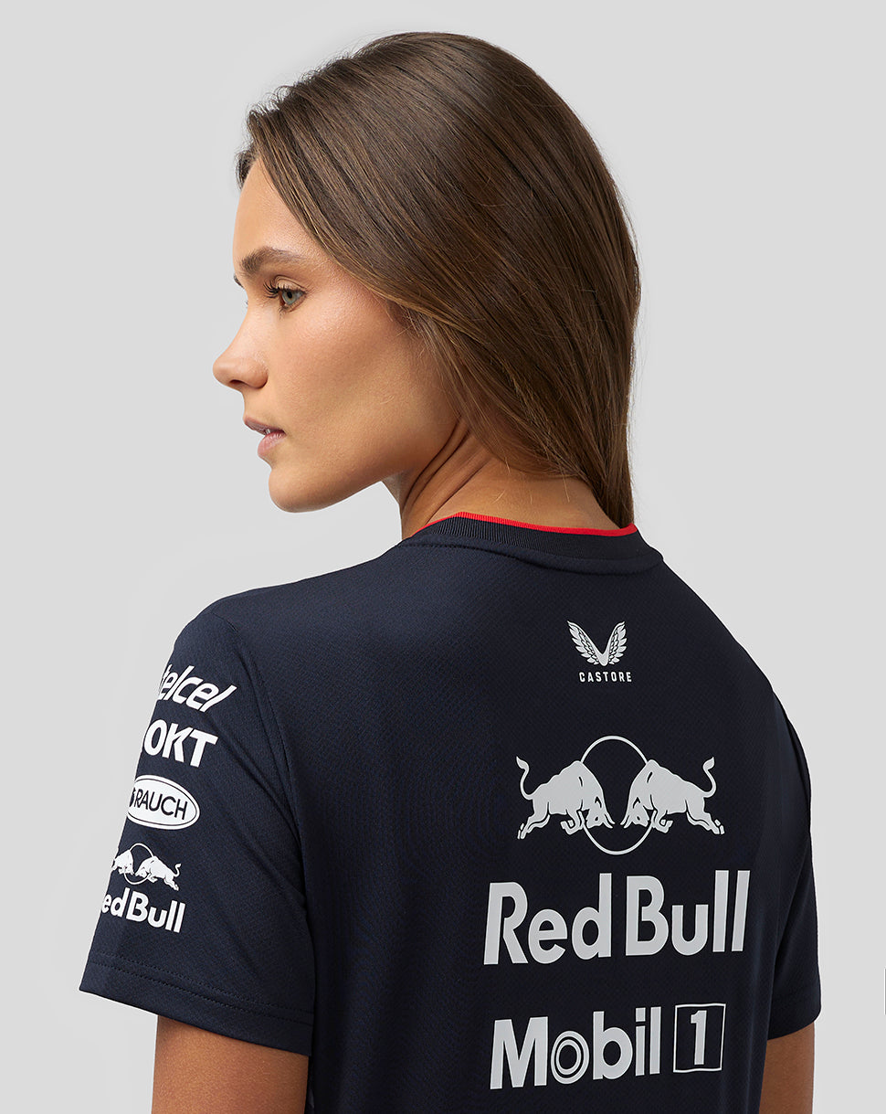 Three quarter rear view of navy Night Sky America Race Team T Shirt with Red Bull logo on back and red white side panels
