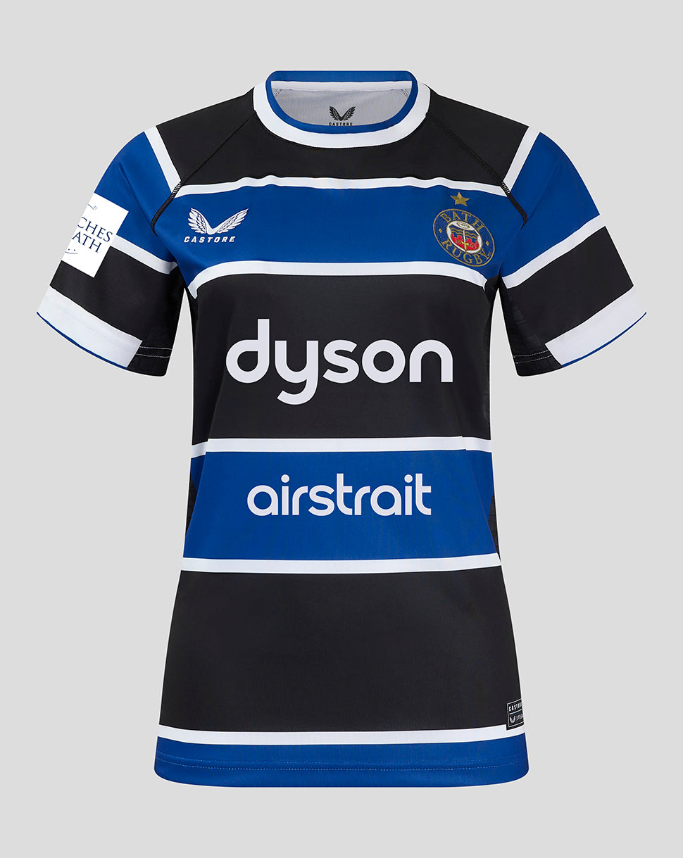 Front view of Bath Rugby Women's 24/25 Home Shirt with blue black white horizontal panels and a large Dyson sponsor.