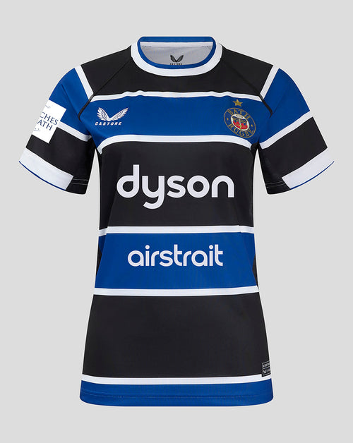 Front view of Bath Rugby Women's 24/25 Home Shirt with blue black white horizontal panels and a large Dyson sponsor.
