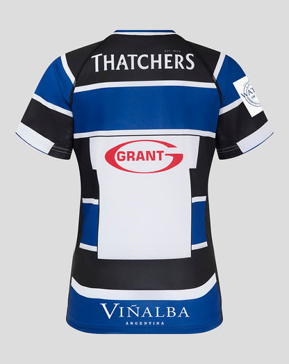 Back view of Bath Rugby jersey with Thatchers across the shoulders blue panels and Grant sponsor near the lower back.